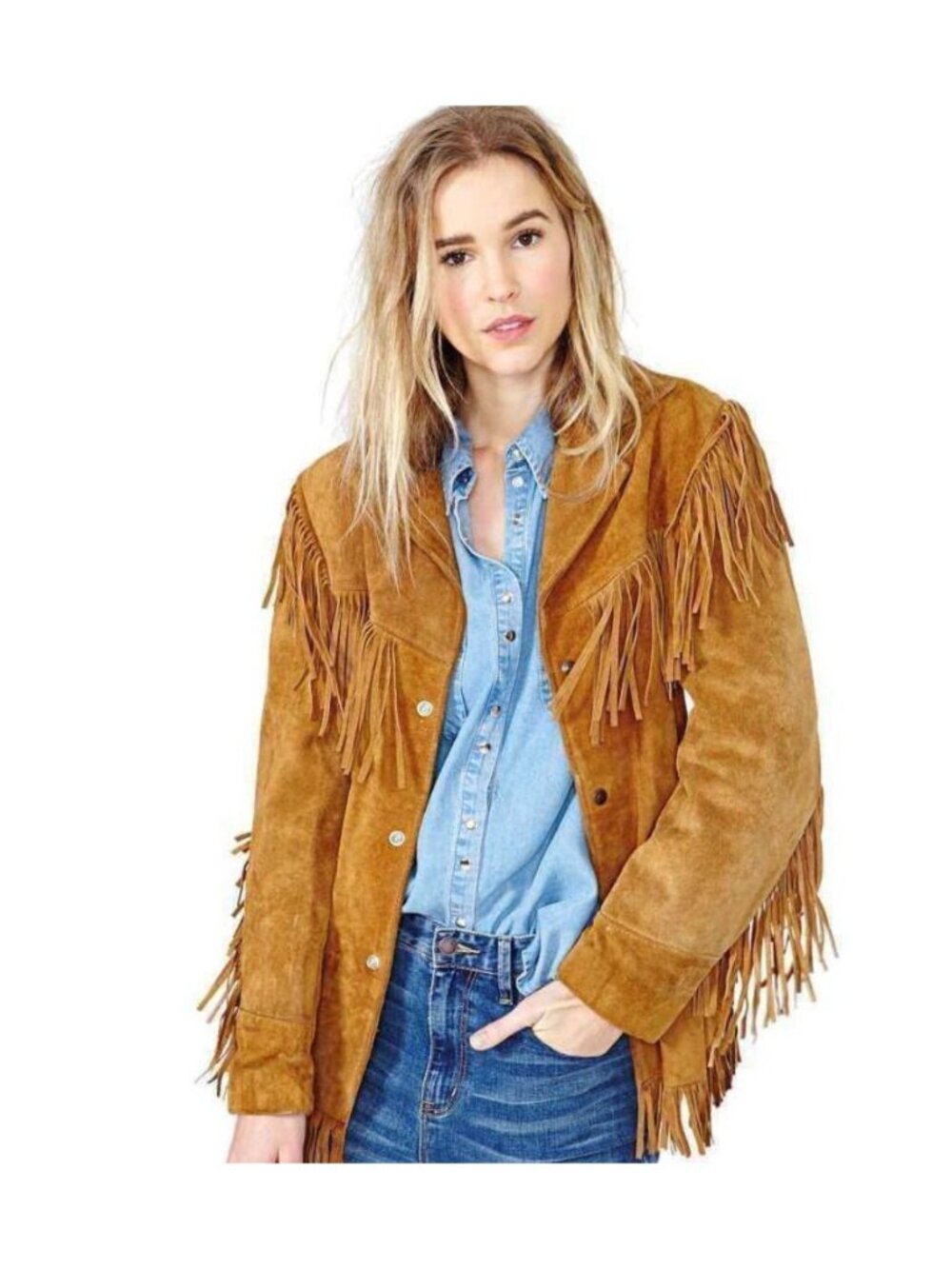 Western Genuine Leather Suede Jacket Women Cowlady Native American Ladies Fringe